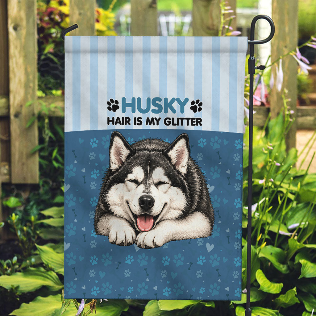 Husky Hair Is My Glitter Garden Flag Funny Dog Quote Paw Print Pattern