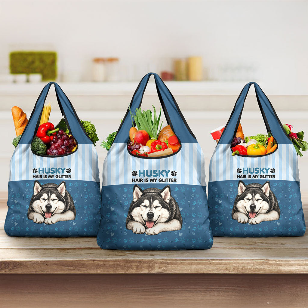 Husky Hair Is My Glitter Grocery Bag Funny Dog Quote Paw Print Pattern
