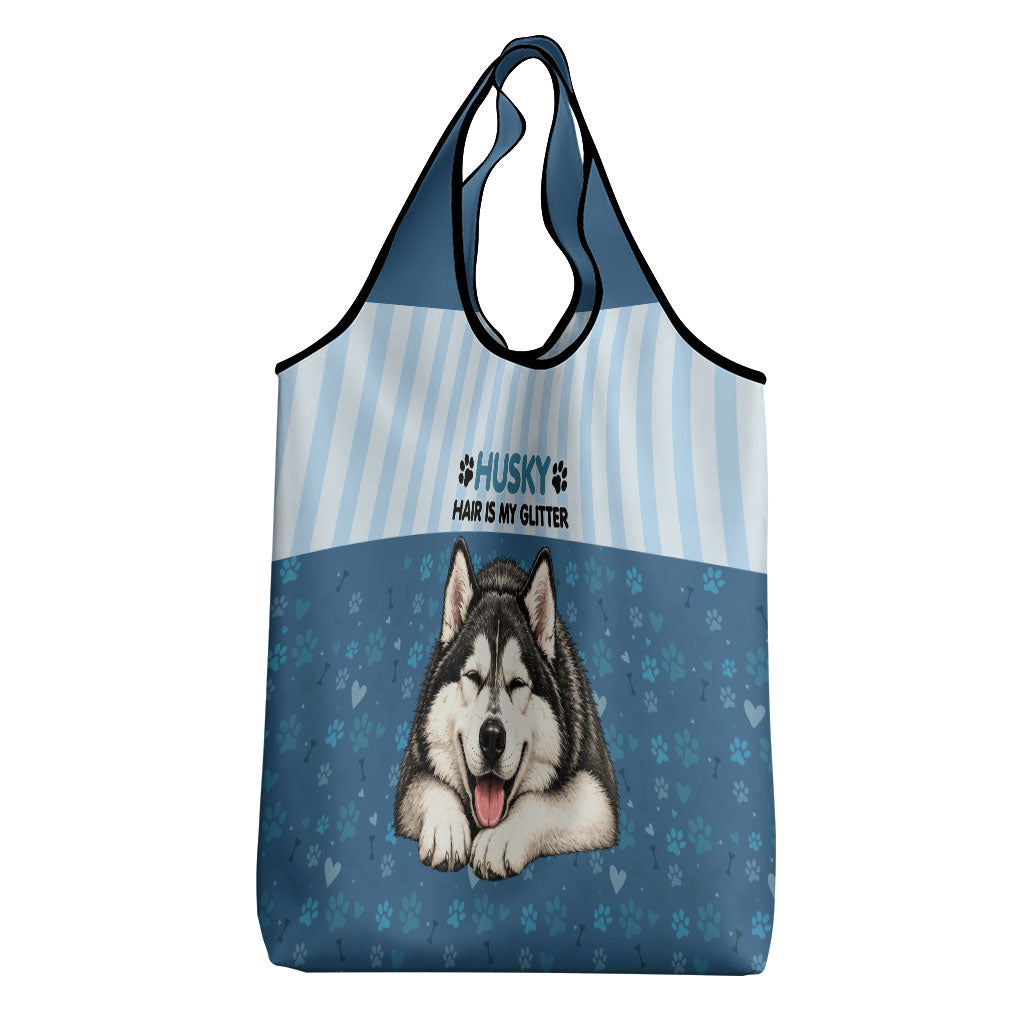Husky Hair Is My Glitter Grocery Bag Funny Dog Quote Paw Print Pattern