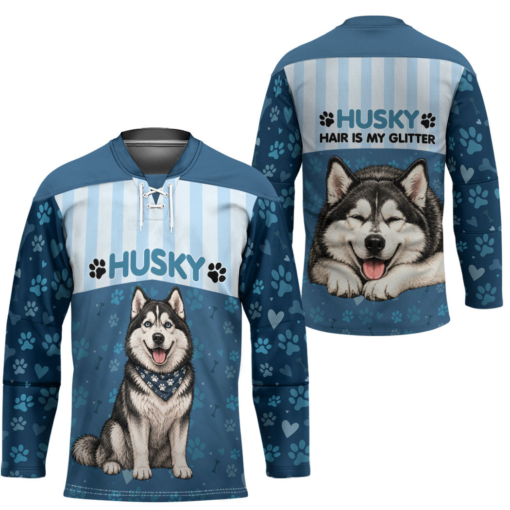 Husky Hair Is My Glitter Hockey Jersey Funny Dog Quote Paw Print Pattern