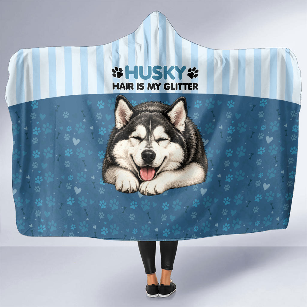 Husky Hair Is My Glitter Hooded Blanket Funny Dog Quote Paw Print Pattern