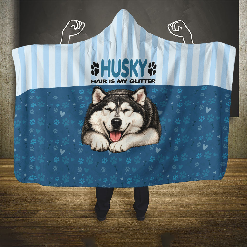 Husky Hair Is My Glitter Hooded Blanket Funny Dog Quote Paw Print Pattern