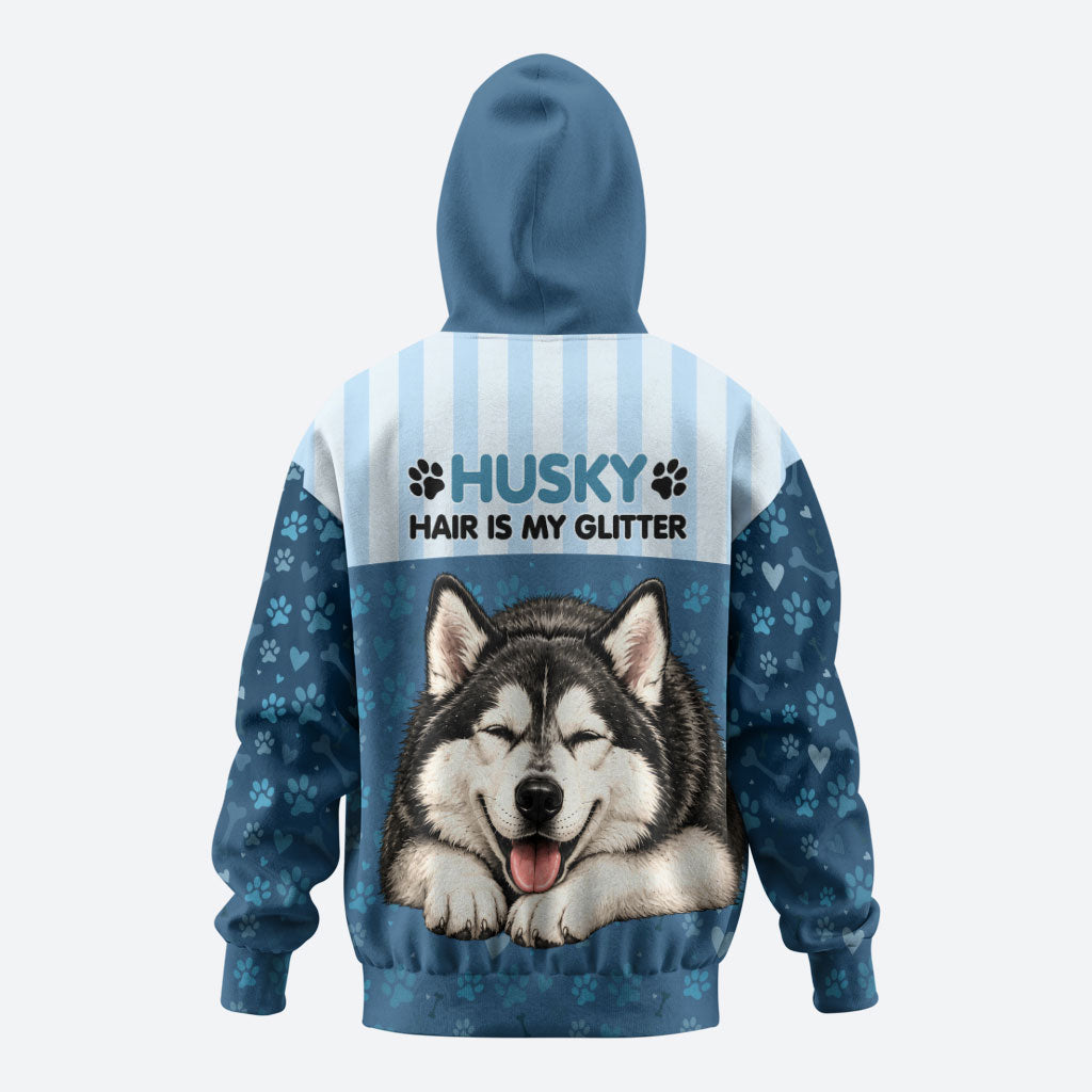 Husky Hair Is My Glitter Hoodie Funny Dog Quote Paw Print Pattern