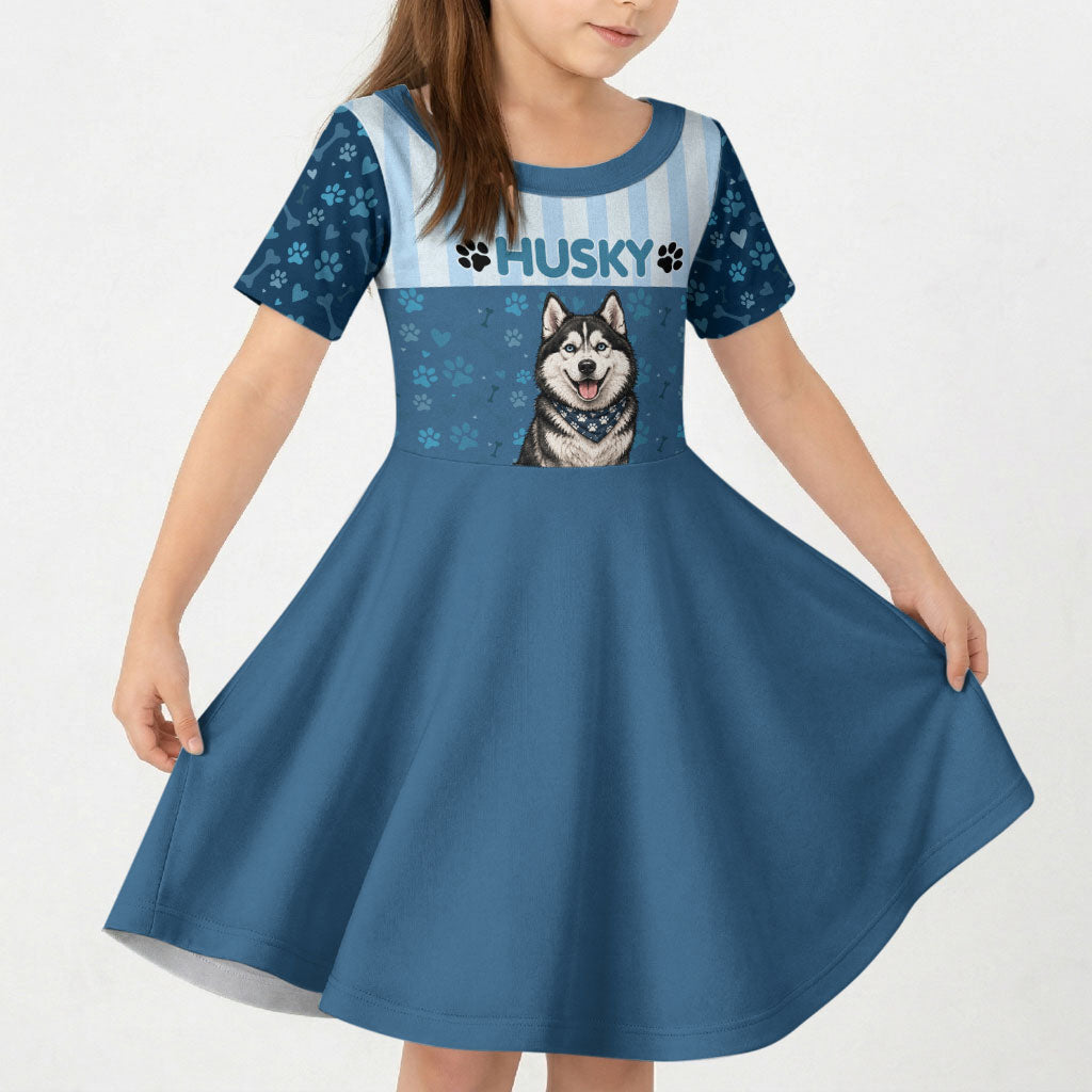 Husky Hair Is My Glitter Kid Short Sleeve Dress Funny Dog Quote Paw Print Pattern