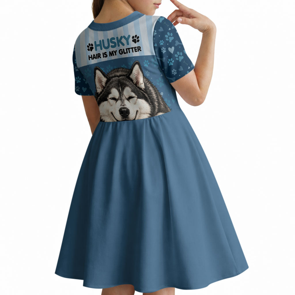 Husky Hair Is My Glitter Kid Short Sleeve Dress Funny Dog Quote Paw Print Pattern