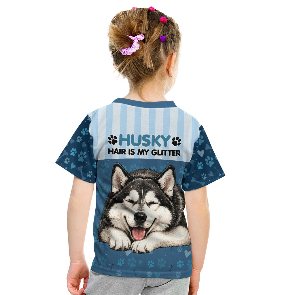 Husky Hair Is My Glitter Kid T Shirt Funny Dog Quote Paw Print Pattern