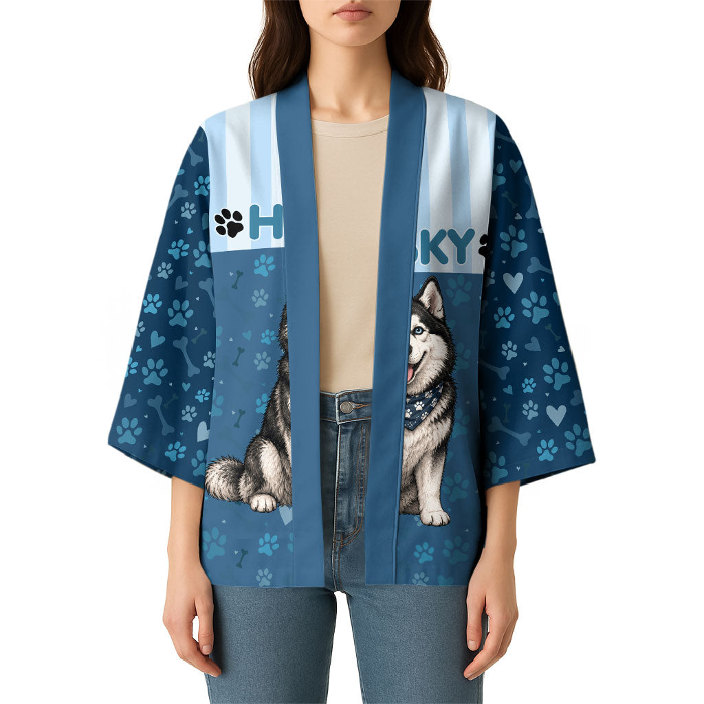 Husky Hair Is My Glitter Kimono Funny Dog Quote Paw Print Pattern