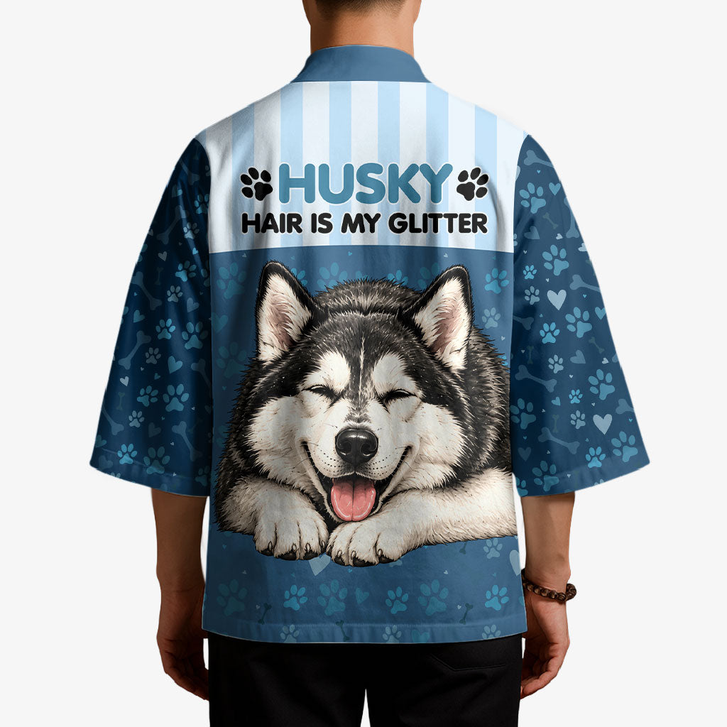 Husky Hair Is My Glitter Kimono Funny Dog Quote Paw Print Pattern