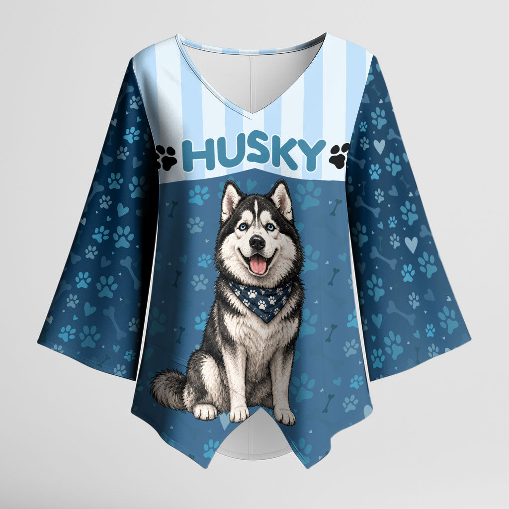Husky Hair Is My Glitter Kimono Sleeve Blouse Funny Dog Quote Paw Print Pattern