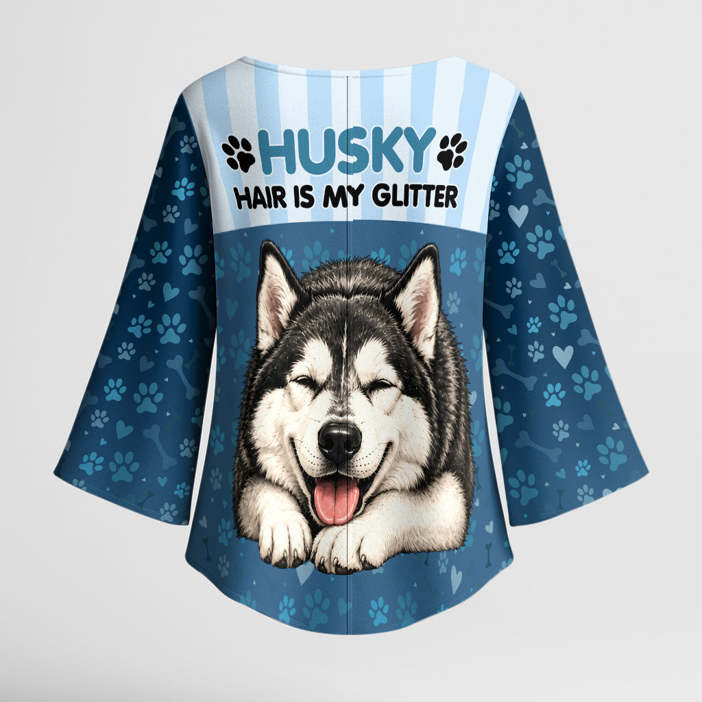 Husky Hair Is My Glitter Kimono Sleeve Blouse Funny Dog Quote Paw Print Pattern