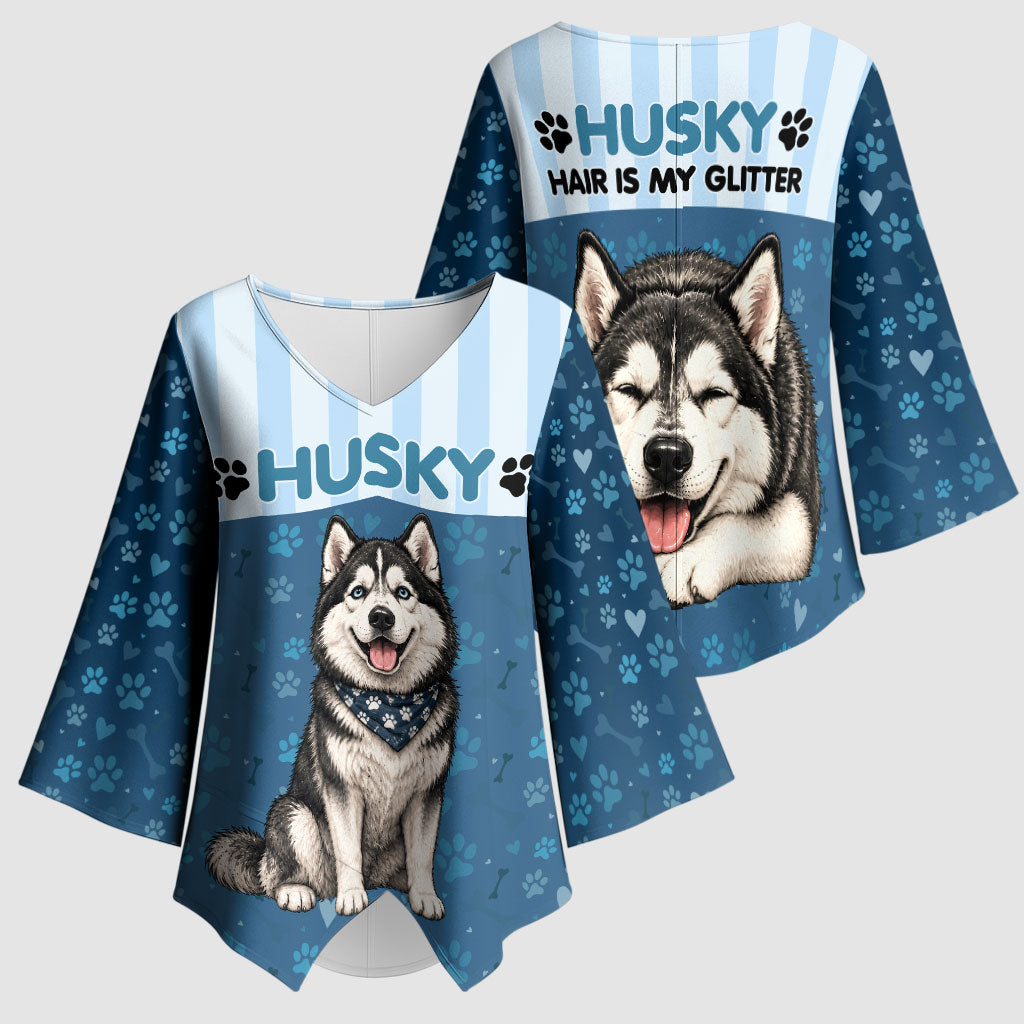 Husky Hair Is My Glitter Kimono Sleeve Blouse Funny Dog Quote Paw Print Pattern