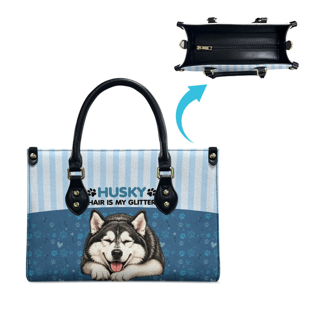 Husky Hair Is My Glitter Leather Bag Funny Dog Quote Paw Print Pattern