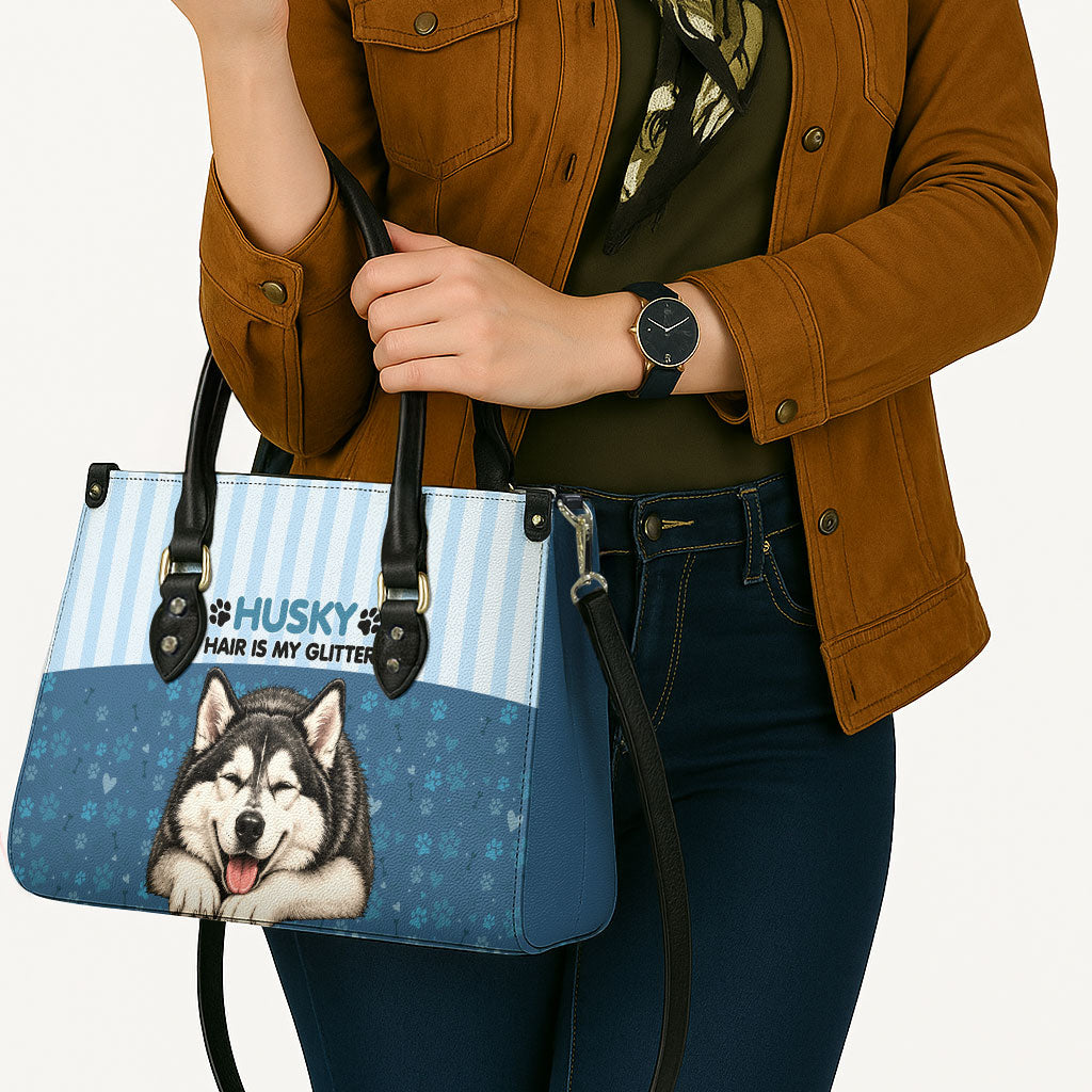 Husky Hair Is My Glitter Leather Bag Funny Dog Quote Paw Print Pattern