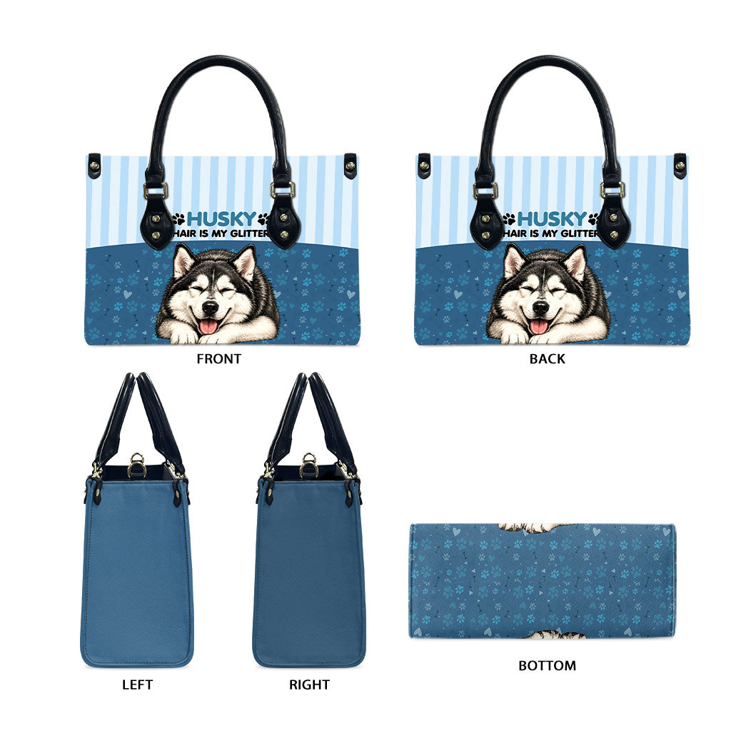 Husky Hair Is My Glitter Leather Bag Funny Dog Quote Paw Print Pattern