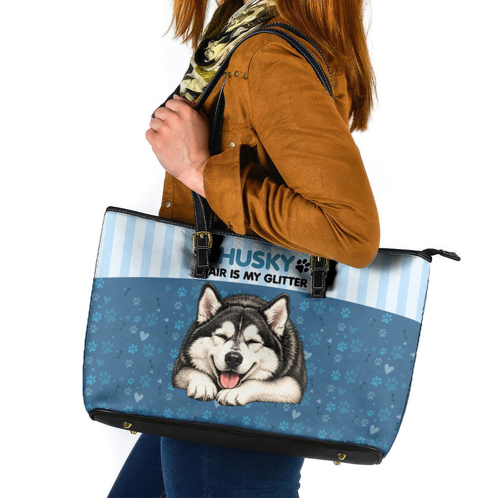 Husky Hair Is My Glitter Leather Tote Bag Funny Dog Quote Paw Print Pattern
