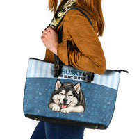 Husky Hair Is My Glitter Leather Tote Bag Funny Dog Quote Paw Print Pattern