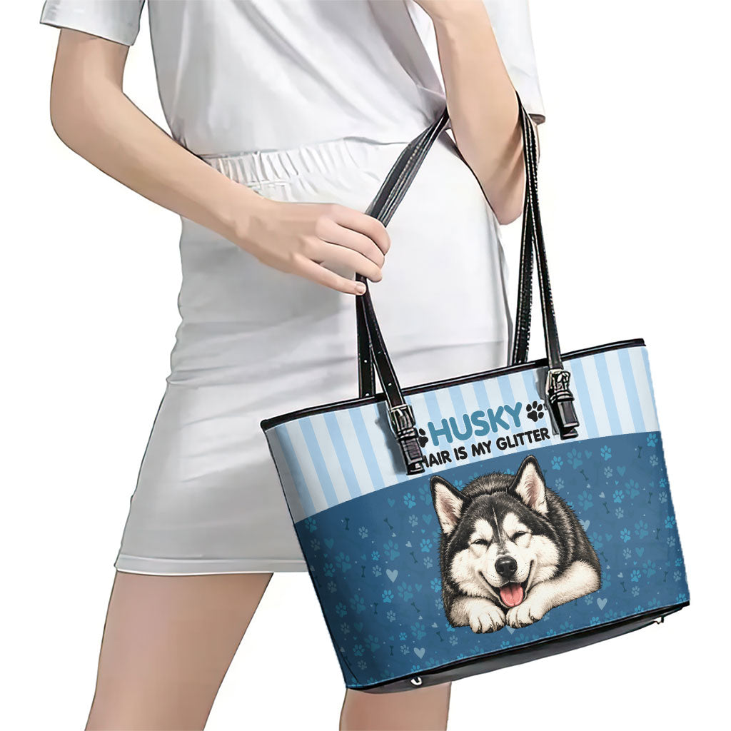 Husky Hair Is My Glitter Leather Tote Bag Funny Dog Quote Paw Print Pattern