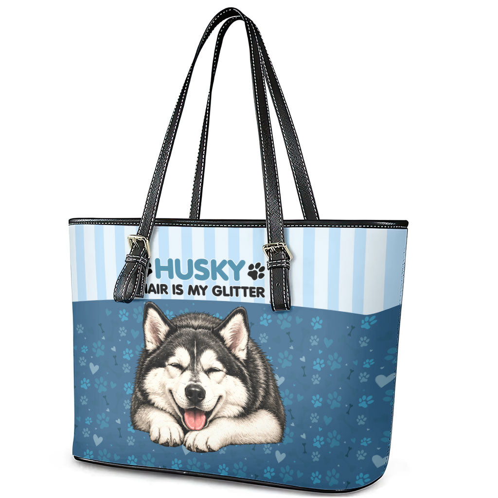 Husky Hair Is My Glitter Leather Tote Bag Funny Dog Quote Paw Print Pattern