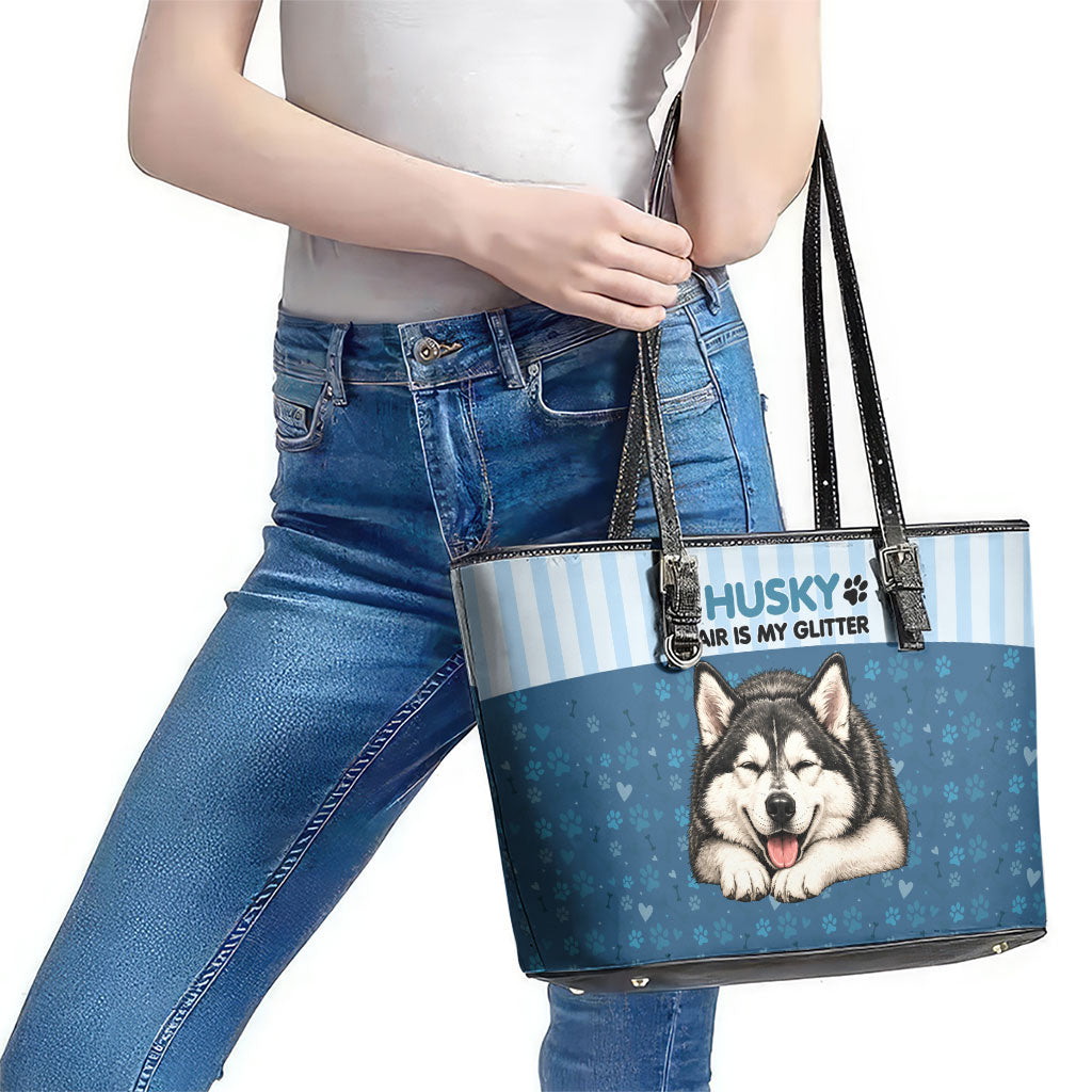 Husky Hair Is My Glitter Leather Tote Bag Funny Dog Quote Paw Print Pattern