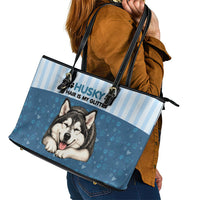Husky Hair Is My Glitter Leather Tote Bag Funny Dog Quote Paw Print Pattern