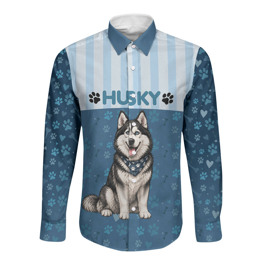 Husky Hair Is My Glitter Long Sleeve Button Shirt Funny Dog Quote Paw Print Pattern