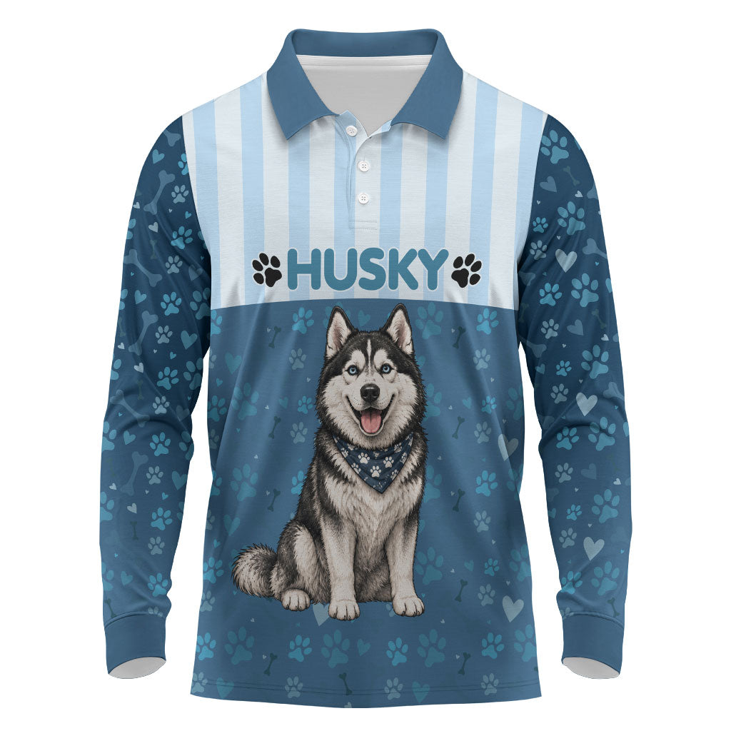 Husky Hair Is My Glitter Long Sleeve Polo Shirt Funny Dog Quote Paw Print Pattern