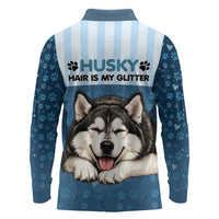 Husky Hair Is My Glitter Long Sleeve Polo Shirt Funny Dog Quote Paw Print Pattern