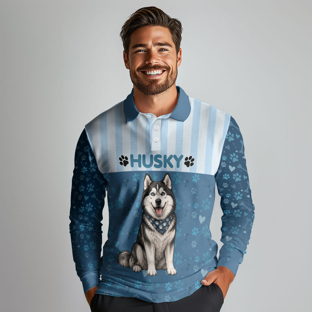 Husky Hair Is My Glitter Long Sleeve Polo Shirt Funny Dog Quote Paw Print Pattern
