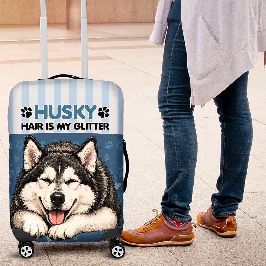 Husky Hair Is My Glitter Luggage Cover Funny Dog Quote Paw Print Pattern