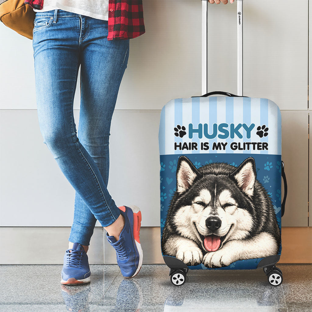 Husky Hair Is My Glitter Luggage Cover Funny Dog Quote Paw Print Pattern