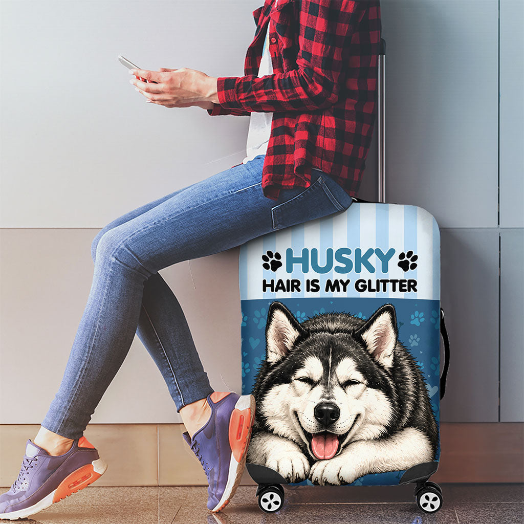 Husky Hair Is My Glitter Luggage Cover Funny Dog Quote Paw Print Pattern