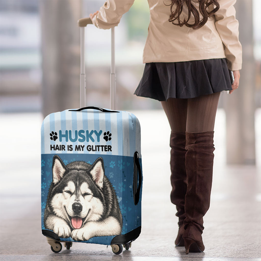 Husky Hair Is My Glitter Luggage Cover Funny Dog Quote Paw Print Pattern