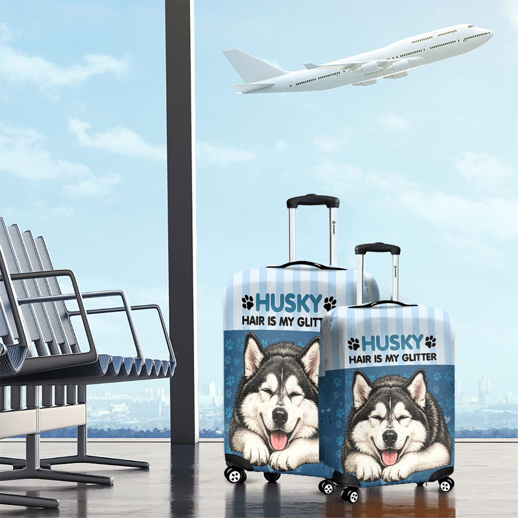 Husky Hair Is My Glitter Luggage Cover Funny Dog Quote Paw Print Pattern