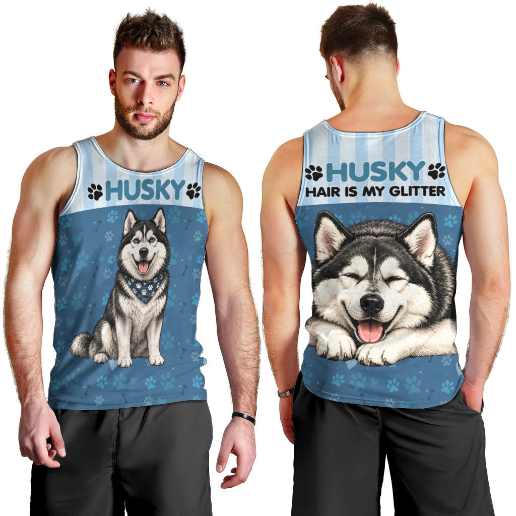 Husky Hair Is My Glitter Men Tank Top Funny Dog Quote Paw Print Pattern