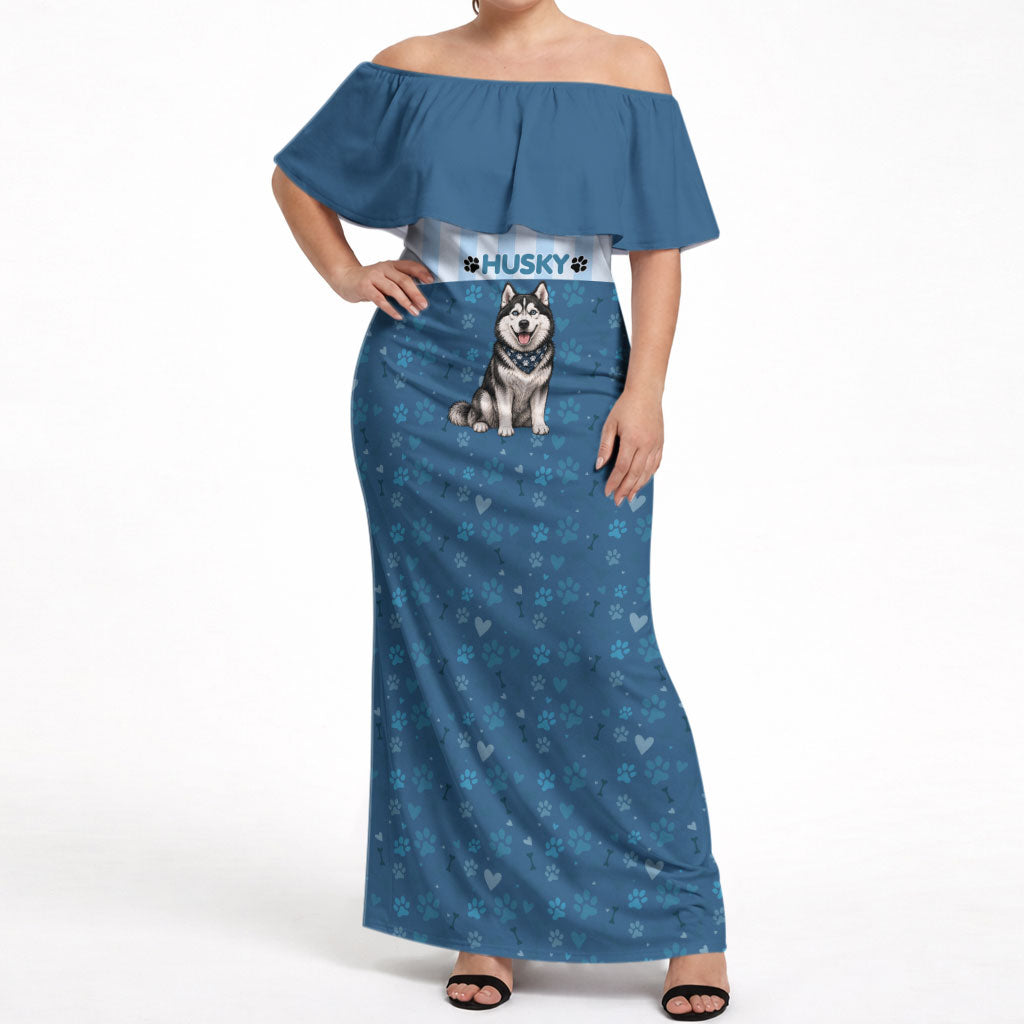 Husky Hair Is My Glitter Off Shoulder Maxi Dress Funny Dog Quote Paw Print Pattern