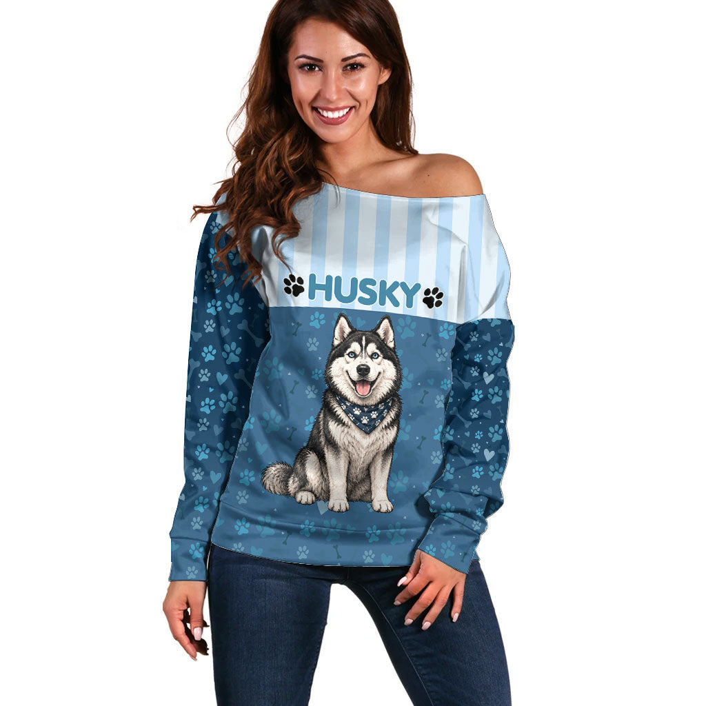 Husky Hair Is My Glitter Off Shoulder Sweater Funny Dog Quote Paw Print Pattern