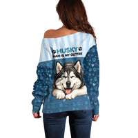 Husky Hair Is My Glitter Off Shoulder Sweater Funny Dog Quote Paw Print Pattern