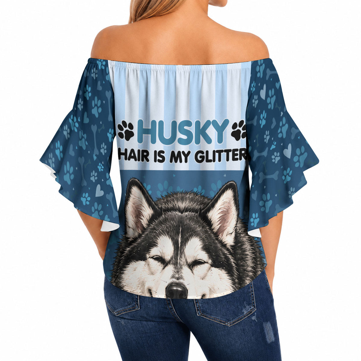 Husky Hair Is My Glitter Off Shoulder Wrap Waist Top Funny Dog Quote Paw Print Pattern