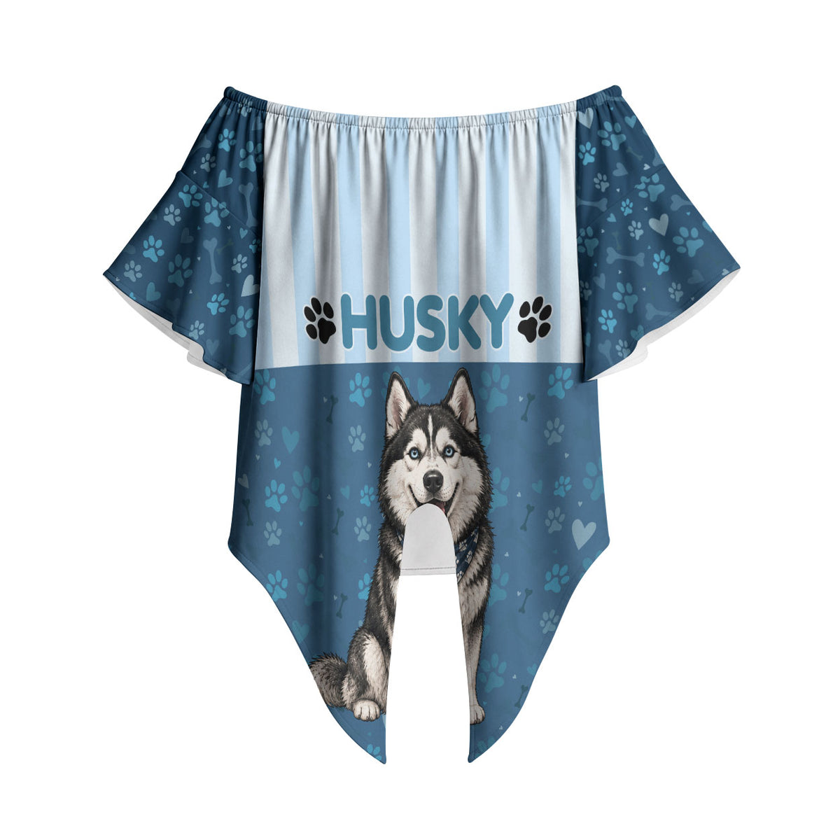 Husky Hair Is My Glitter Off Shoulder Wrap Waist Top Funny Dog Quote Paw Print Pattern
