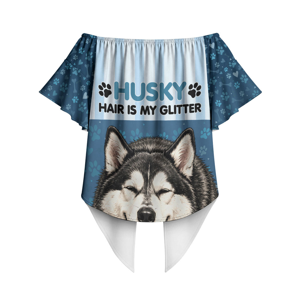 Husky Hair Is My Glitter Off Shoulder Wrap Waist Top Funny Dog Quote Paw Print Pattern