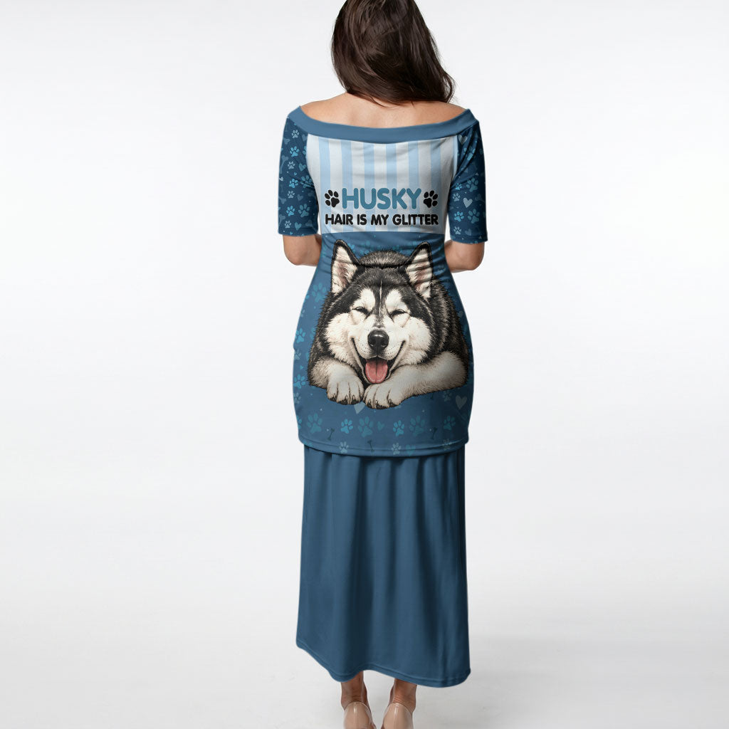 Husky Hair Is My Glitter Puletasi Funny Dog Quote Paw Print Pattern