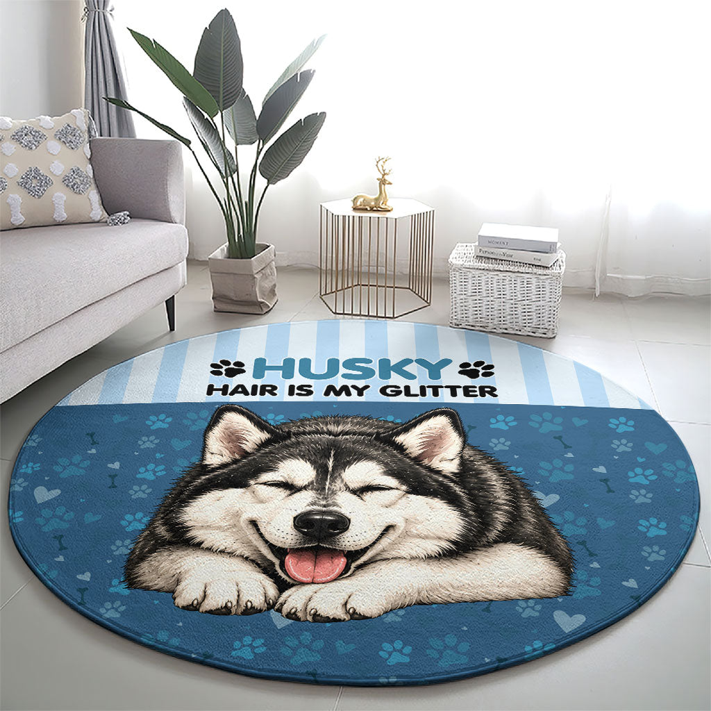 Husky Hair Is My Glitter Round Carpet Funny Dog Quote Paw Print Pattern