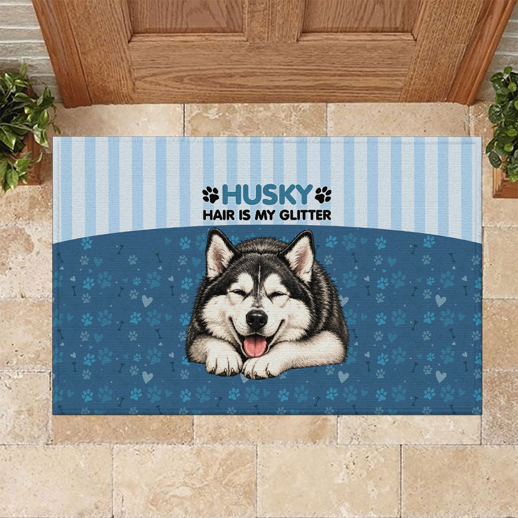 Husky Hair Is My Glitter Rubber Doormat Funny Dog Quote Paw Print Pattern