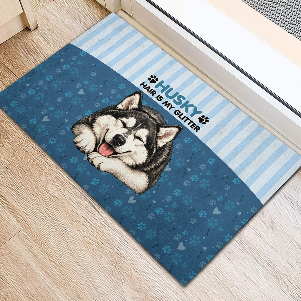 Husky Hair Is My Glitter Rubber Doormat Funny Dog Quote Paw Print Pattern