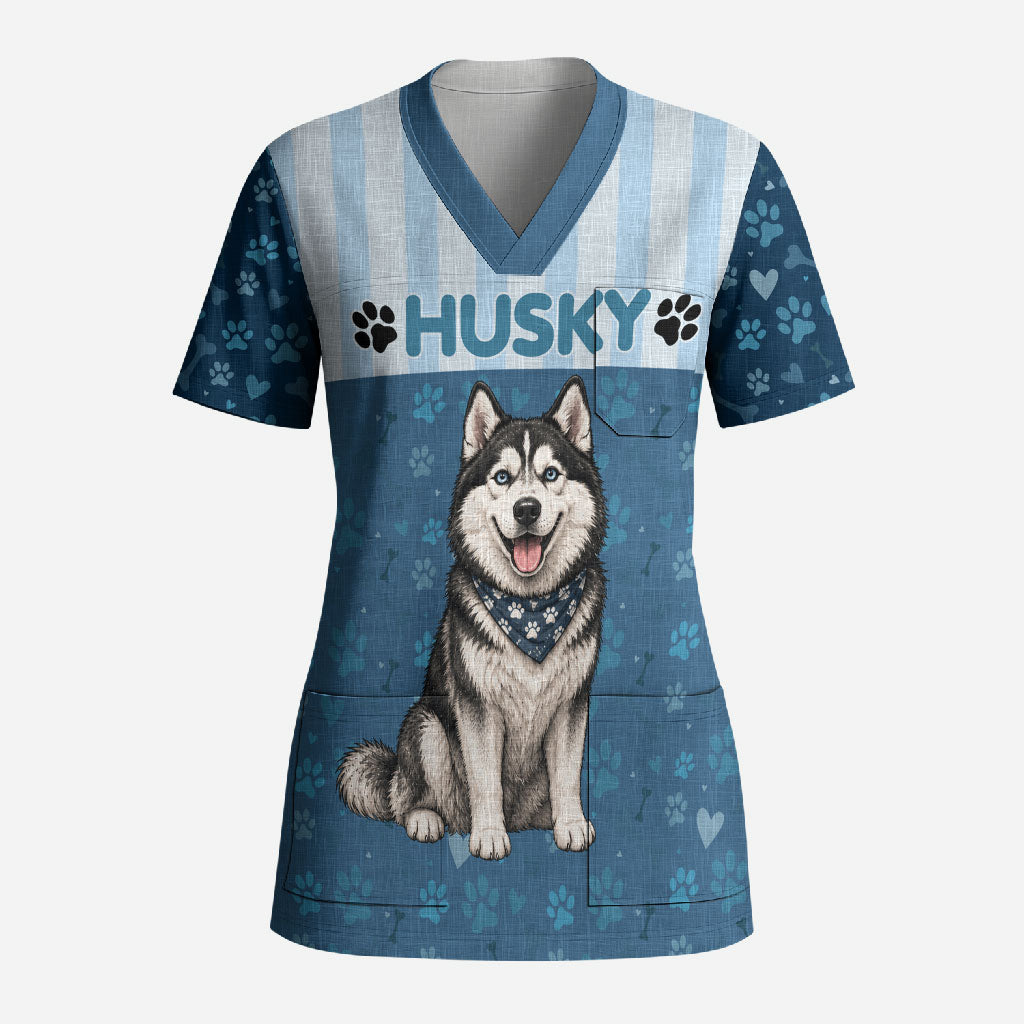 Husky Hair Is My Glitter Scrub Top Funny Dog Quote Paw Print Pattern