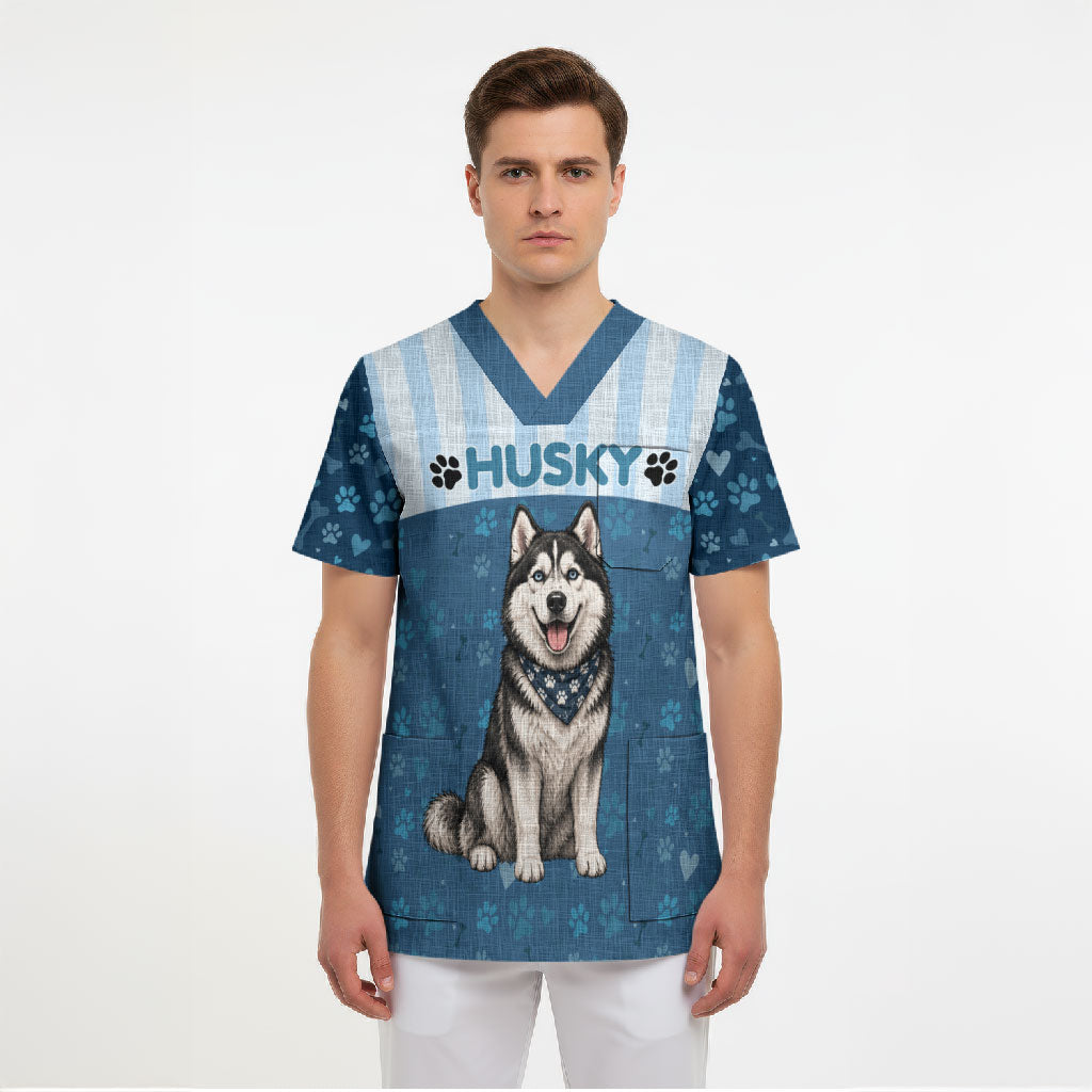 Husky Hair Is My Glitter Scrub Top Funny Dog Quote Paw Print Pattern