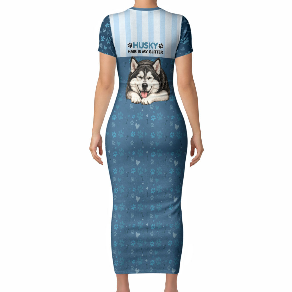 Husky Hair Is My Glitter Short Sleeve Bodycon Dress Funny Dog Quote Paw Print Pattern