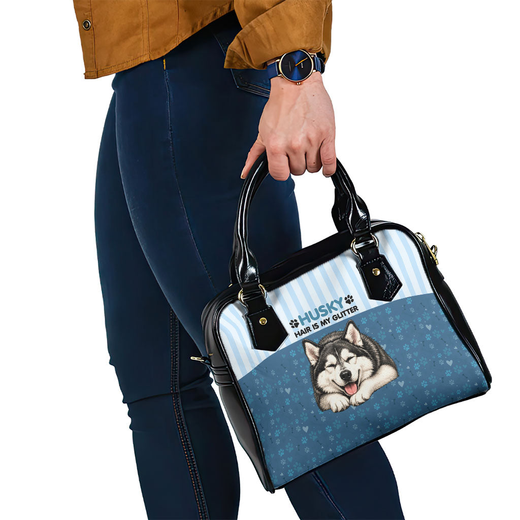 Husky Hair Is My Glitter Shoulder Handbag Funny Dog Quote Paw Print Pattern