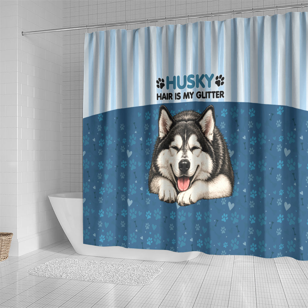 Husky Hair Is My Glitter Shower Curtain Funny Dog Quote Paw Print Pattern