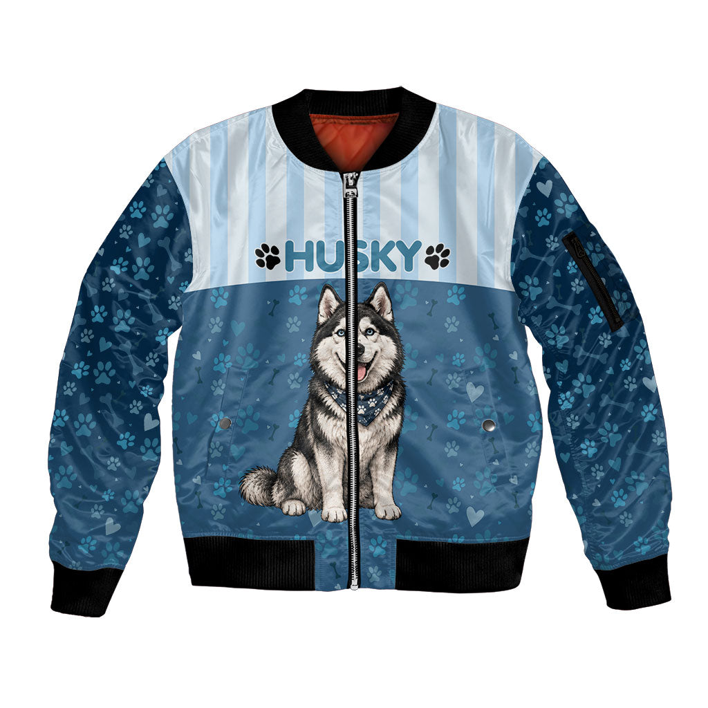 Husky Hair Is My Glitter Sleeve Zip Bomber Jacket Funny Dog Quote Paw Print Pattern